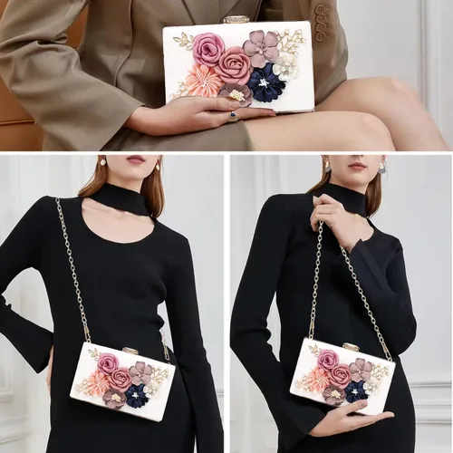 Vista 3 de Embrague floral para mujer, bolso de mano floral con flores en 3D, bolso de mano con rosas y flores, para boda y noche