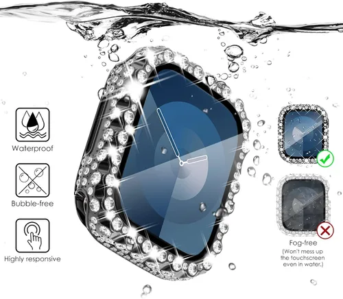 Vista 2 de NewWays Funda impermeable 2 en 1 de 1.575 pulgadas para protector de pantalla de Apple Watch SE Series 6, 5, 4, encaje completo con diamantes