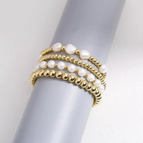 Vista 6 de Pulseras de cuentas de oro para mujer, perlas barrocas apilables, chapadas en oro de 14 quilates, pulsera de bolas elásticas para regalo de joyería