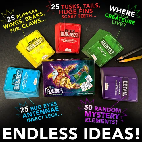 Vista 2 de Juego de cartas de sugerencias de arte de criaturas míticas — 150 tarjetas de dibujo, regalo para ideas de artistas — Juegos de imaginación