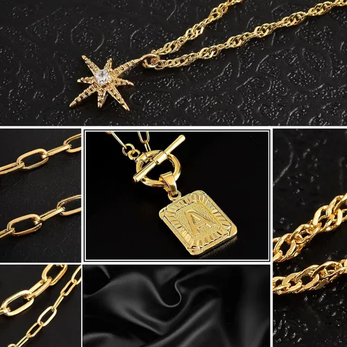 Vista 7 de MJartoria Collares con inicial en capas para mujer, a la moda, chapado en oro de 14 quilates, gargantilla de estrella simple, collar con dije