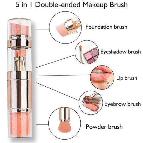 Vista 4 de Juego de brochas de maquillaje 5 en 1 de viaje, mini brocha de maquillaje de doble extremo, pluma, base, corrector de polvo, rubor, brochas