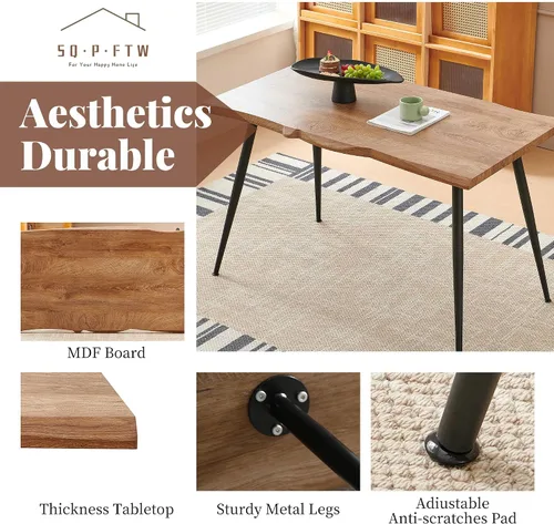 Vista 3 de Juego de 4 mesas de comedor para 4 personas con sillas blancas Boucle, mesa de centro rectangular moderna de mediados de siglo, mesa de cocina