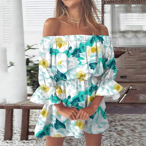Vista 2 de Ceboyel Vestido de verano hawaiano con hombros descubiertos para mujer, vestido bohemio con volantes, vestido de playa, sexy, casual, tropical, ropa