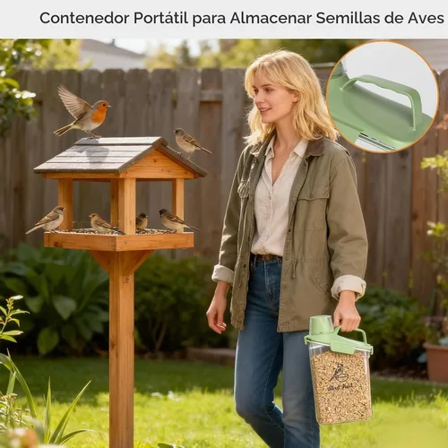 Vista 4 de Contenedor de almacenamiento de semillas de pájaros, portátil, contenedor transparente de comida para mascotas de 3 cuartos de galón, con taza Verde