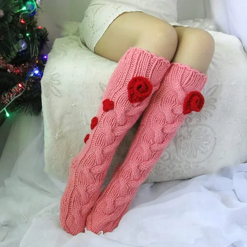 Vista 2 de YELAIVP Calcetines altos hasta la rodilla para mujer, de punto trenzado, con flores, casuales, para invierno, largos, para piernas