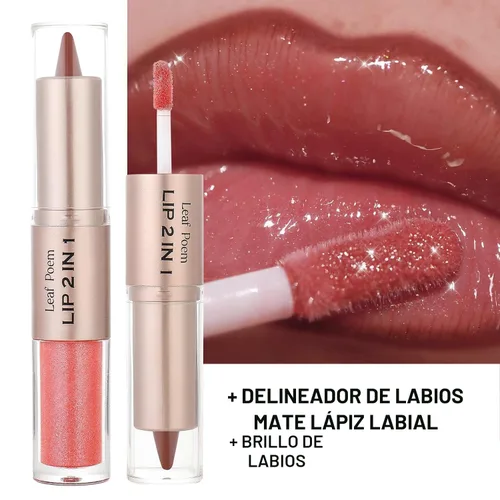 Vista 3 de BAISEN DIARY 2 en 1 doble punta mate delineador de labios y brillo de labios, lápiz combinado de labios marrón nude degradado, delineador de labios