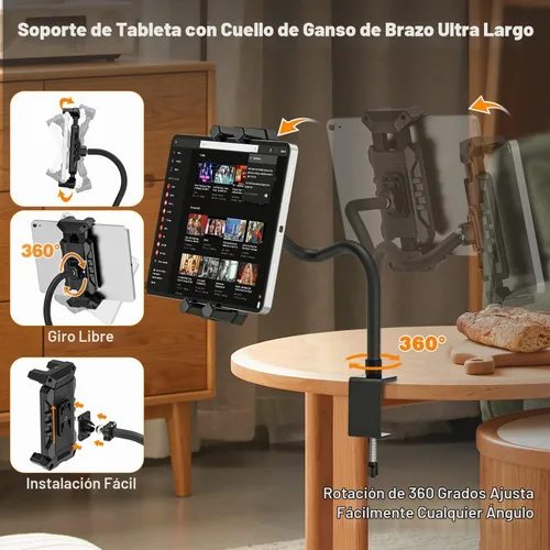 Vista 2 de Soporte para tablet con abrazadera de cuello de cisne para escritorio, compatible con iPad mini/Air/Pro, Kindle Fire HD, Galaxy Tabs y todas