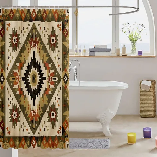 Vista 3 de Castle Fairy Cortina de ducha geométrica bohemia tribal exótica para baño, juego de cortina de ducha para niños y adultos, cortina de baño retro