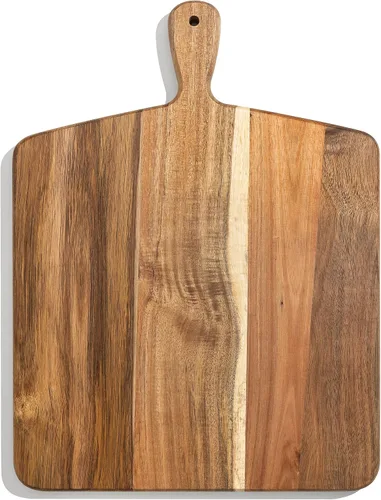 Vista 9 de Tabla de cortar de madera de acacia y tabla de cortar con mango para carne, tabla de queso, verduras, pan y embutidos – Tabla decorativa de madera