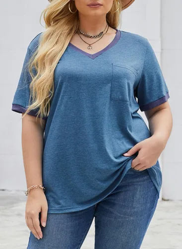 Vista 81 de Eytino Blusas de talla grande para mujer, cuello en V, manga corta, a rayas, casual, holgada, con bolsillo (1X-5X)