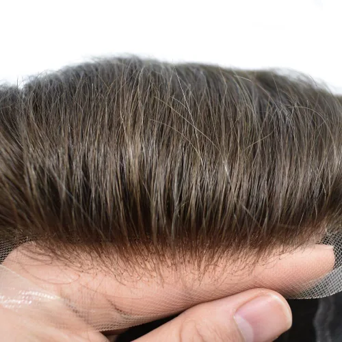 Vista 30 de Toupee de cabello humano indetectable para hombres, sistema de reemplazo de cabello natural para hombres, pieza de cabello gris para hombres