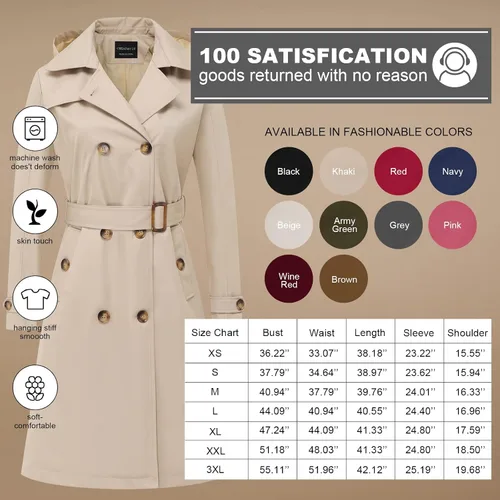 Vista 7 de CREATMO US Gabardina larga para mujer, doble botonadura, clásica, con solapa, con cinturón y capucha desmontable