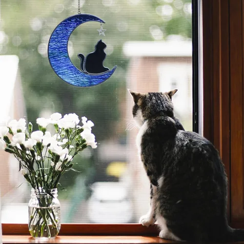 Vista 6 de Regalos conmemorativos para gatos por pérdida de gato, gato en luna, vitrales colgantes para ventanas, atrapasoles, regalos conmemorativos hechos a