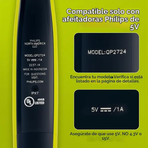 Vista 10 de Cable de carga USB-C de 5 V compatible con los modelos de afeitadora Philips Norelco - QP2724, QP1924, QP4530, QP2834, QP4631, X3001, MG5910