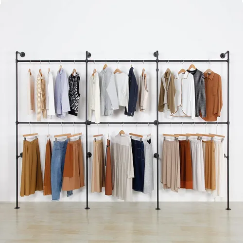Vista 8 de Perchero industrial para ropa de tubería resistente, doble barra de armario, barras de ropa para colgar ropa, montaje en la pared, sistema
