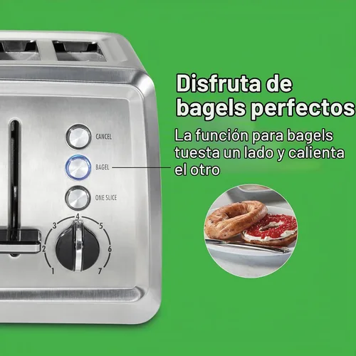 Vista 4 de Tostadora Hamilton Beach de 4 ranuras con ranuras extra anchas, ajuste para bagel, función de expulsión de pan tostado, bandeja extraíble