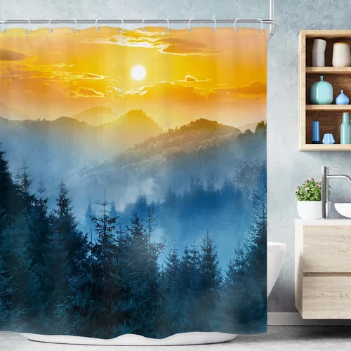 Vista 9 de Riyidecor - Cortina para ducha pequeña de montaña, 36 pulgadas de ancho x 72 pulgadas de alto, para RV, azul marino, con diseño de bosque nebuloso