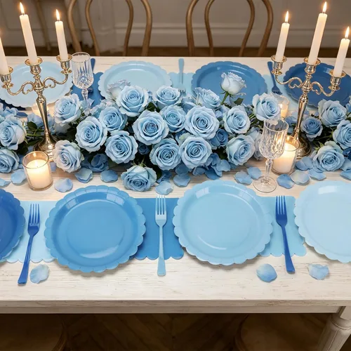 Vista 5 de Platos y servilletas de papel azul, incluye 24 platos azules degradados de 9 pulgadas, servilletas, tenedores, suministros de fiesta
