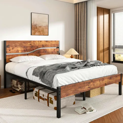 Vista 15 de VECELO Base de cama tamaño individual, plataforma de metal resistente con cabecera de madera, no necesita somier, color marrón antiguo