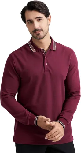 Vista 2 de Polo de piqué para hombre, manga larga, con punta de mezcla de algodón, casual, con cuello, ajuste clásico