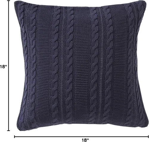 Vista 2 de VCNY Home Almohada decorativa de punto trenzado de algodón para cama o sofá, 18 x 18 pulgadas, azul marino Dublín