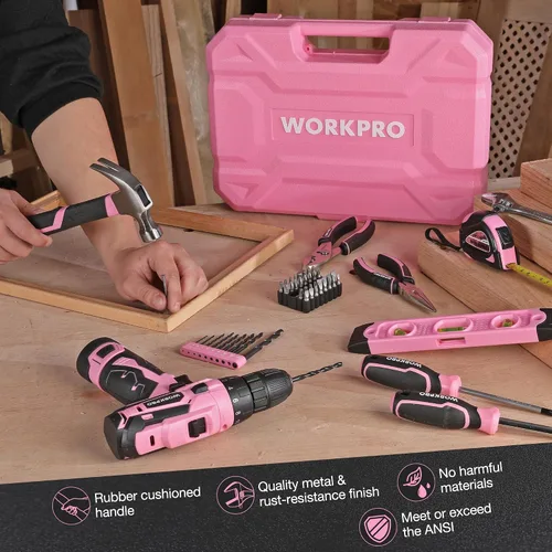 Vista 7 de WORKPRO Juego de herramientas rosa con taladro eléctrico, kit de taladro rosa portátil de 108 piezas para damas para el hogar con caja
