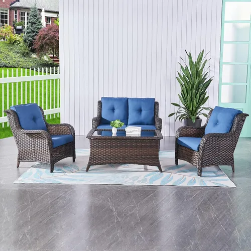 Vista 15 de HUMMUH Juego de 2 sillas de mimbre para patio, sillas de comedor de ratán de polietileno para exteriores, con cojines de asiento de 4 pulgadas