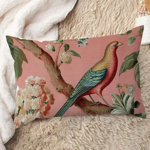 Vista 13 de ArogGeld Fundas de cojín de estilo chinoiserie, diseño de flores y pájaros, color rosa rubor, diseño de animales de pavo real, jardín asiático