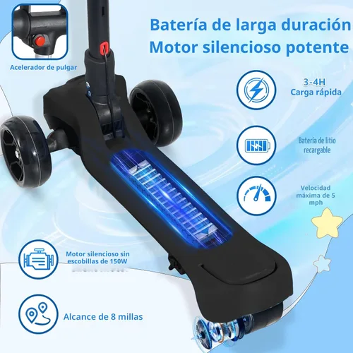 Vista 2 de Electric Scooter for Kids Ages 3-12, 3 Adjustable Heights, 5MPH Safe Speed Negro