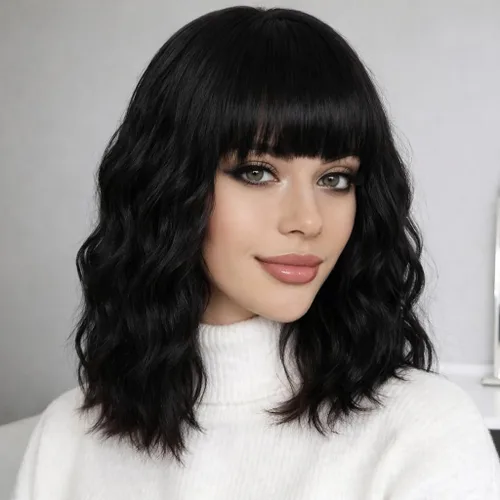 Vista 27 de Peluca negra con flequillo para mujeres negras, cabello rizado y ondulado de 14 pulgadas Negro