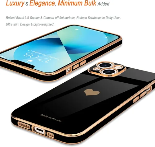 Vista 4 de Teageo - Funda para iPhone 13 mini para mujeres y niñas, diseño de corazón de amor, color negro Luxury Bling Plating Soft Back Cover Raised Full