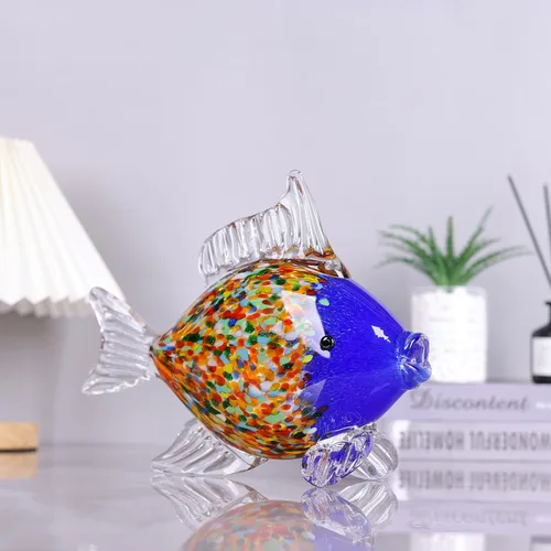 Vista 8 de Colorida figura de pez de vidrio soplado – Escultura de animales de arte azul para decoración del hogar en la costa del océano, adorno de pez
