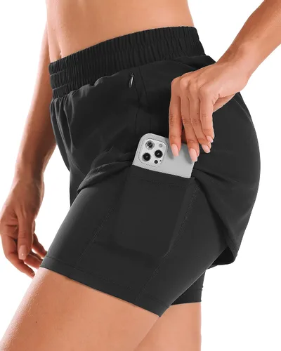 Vista 2 de Stelle Pantalones cortos de correr 2 en 1 para mujer, pantalones cortos deportivos de cintura alta, pantalones cortos de entrenamiento con forro