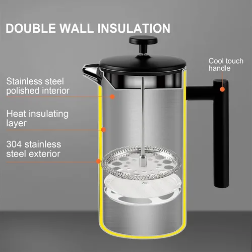 Vista 5 de Secura Cafetera de prensa francesa con filtro de acero inoxidable de 3 capas, 34 onzas, negro, diseño aislado de doble pared con 2 filtros