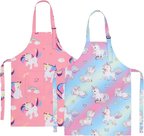 Vista 12 de Paquete de 2 delantales para niños, bonitos delantales de cocina, delantal de arte impermeable con bolsillos, delantal ajustable para pintores
