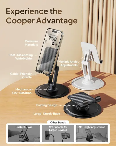 Vista 6 de COOPER Soporte 360°, Soporte Giratório para Celular de Escritorio Base de Metal Resistente, Plegable, Portátil Soporte para Celular