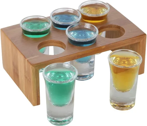 Vista 4 de Lily's Home Juego de soporte de bambú para chupito con 6 vasos transparentes de base pesada de 1 onza – Fácil de transportar, elegante de mostrar