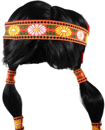 Vista 2 de Peluca trenzada de doncella india nativa americana con diadema de plumas, multicolor