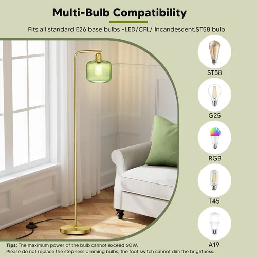 Vista 4 de Lámpara de pie de cristal para sala de estar, moderna lámpara de pie con pantalla de vidrio acanalado verde e interruptor de pedal, lámpara de pie