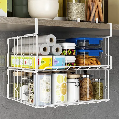 Vista 9 de Cestas de almacenamiento para debajo del estante, cesta plegable de acero al carbono debajo del gabinete para armarios de cocina, despensas, paquete