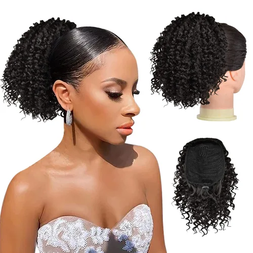 Vista 13 de PEACOCO Cola de caballo afro rizada con cordón para mujeres negras, extensiones de cola de caballo afro de 6 pulgadas, cabello sintético con 2 1b