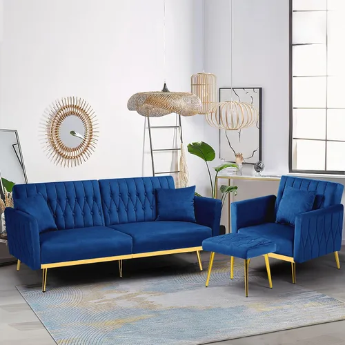 Vista 15 de 2 Pieces Velvet Chairs w/Adjustable Backrest & Ottoman, Baby Blue Azul bebé