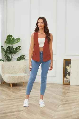 Vista 3 de YWS - Chalecos de moda para mujer, casual, sin mangas, con cuello en V, chaleco de lino y algodón