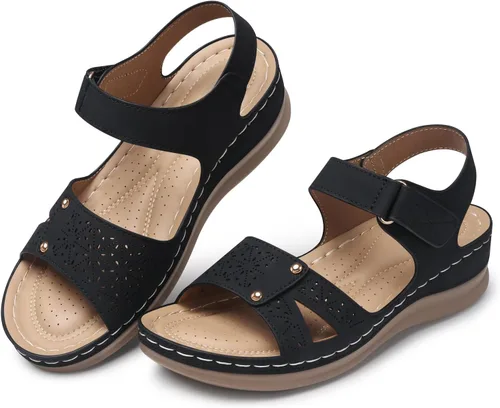 Vista 6 de Sandalias planas de SHIBEVER para mujer elegantes: Sandalias planas cómodas para mujer con punta abierta, correa al tobillo, zapatos de caminar