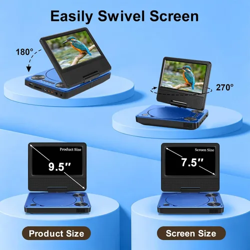 Vista 3 de HotHat Reproductor de DVD portátil de 7.5 "pantalla giratoria HD para niños Azul