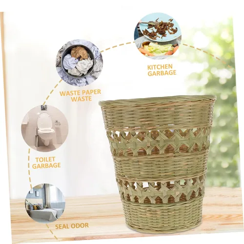 Vista 7 de Cesta de basura de ratán, cubo de basura de ratán, cesta de basura redonda de mimbre, contenedor de basura para cocina, sala de estar, dormitorio