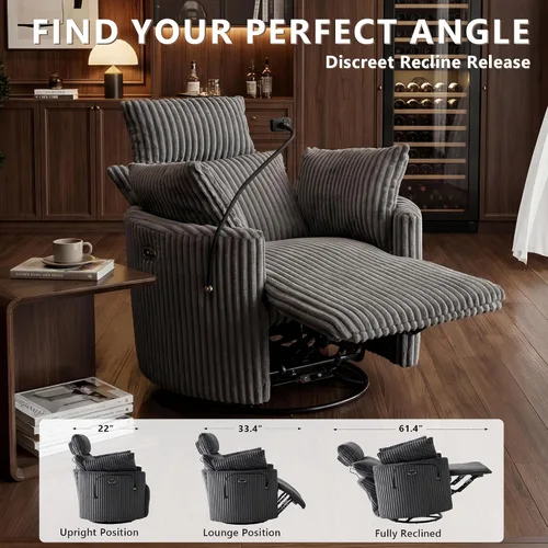 Vista 6 de Silla reclinable eléctrica de pana con USB y reposacabezas ajustable, color Corduroy-gris-eléctrico
