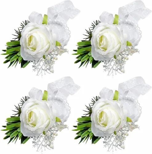 Vista 12 de ChezMax Ramillete artificial de flores hechas a mano con clip y cinta, 4 unidades para novia, novio, boda, fiesta de graduación