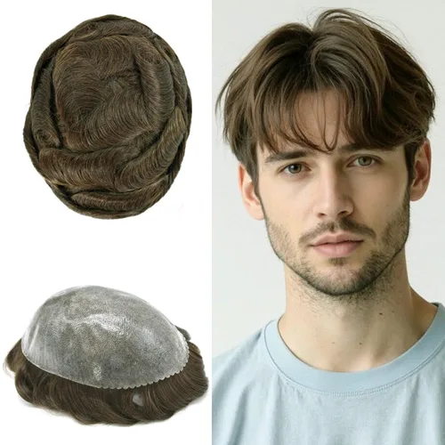 Vista 316 de Toupee para hombre 100% cabello humano real tupé para hombres 0.004 in piel de poliuretano para hombre, sistema de reemplazo de piezas de pelo